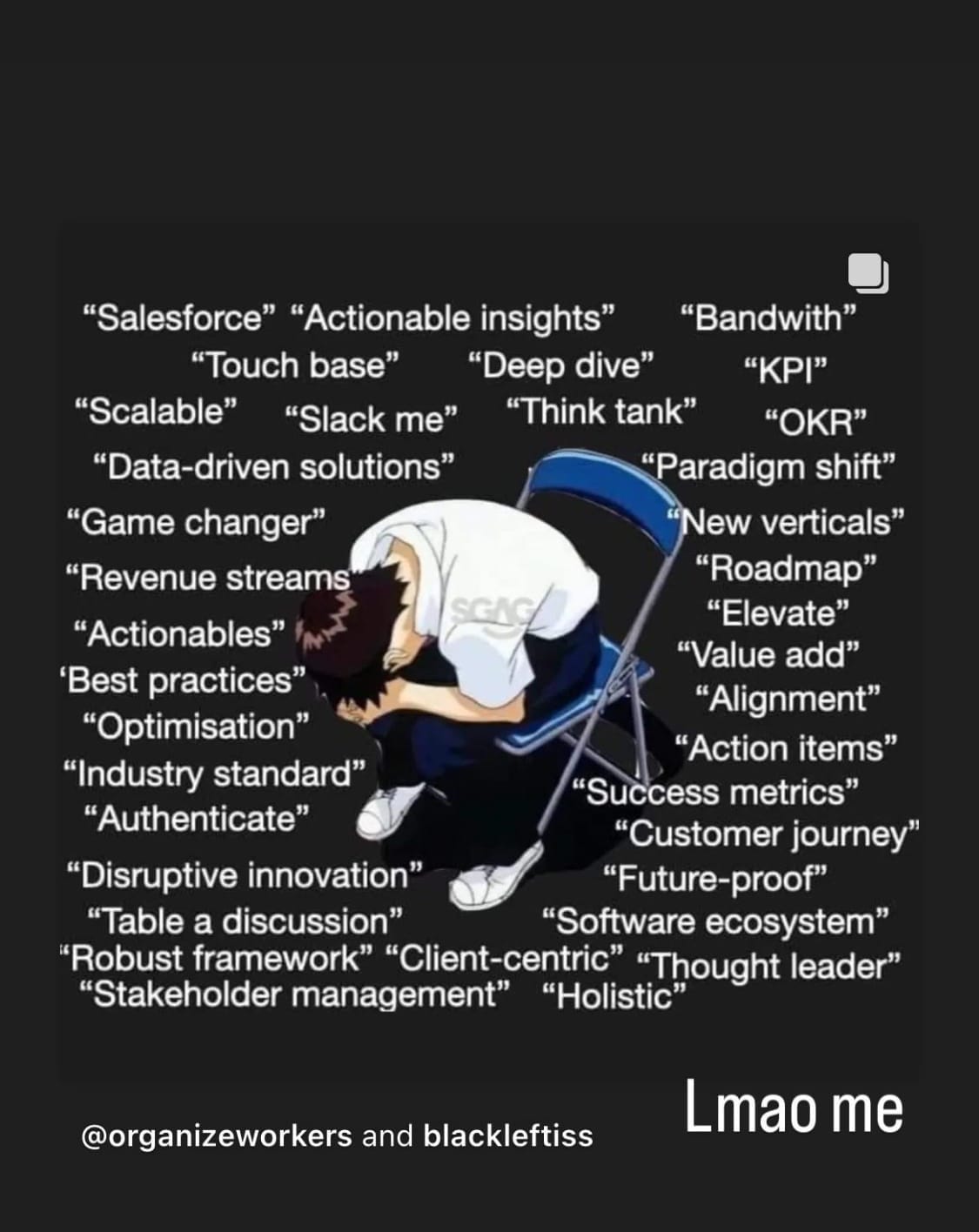 word cloud of random arbitrary tech buzz words surrounding an animation of a white passing, masculine presenting person wearing a white short sleeved collared shirt, blue pants and white athletic shoes sits holding their face in their hands, with their forearms resting across their knees, while seated in a blue folding chair. 